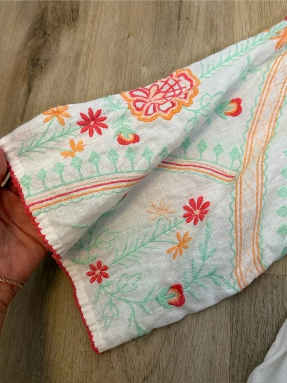 Embroidered Boho White Peasant Top with Mint & Coral Accents